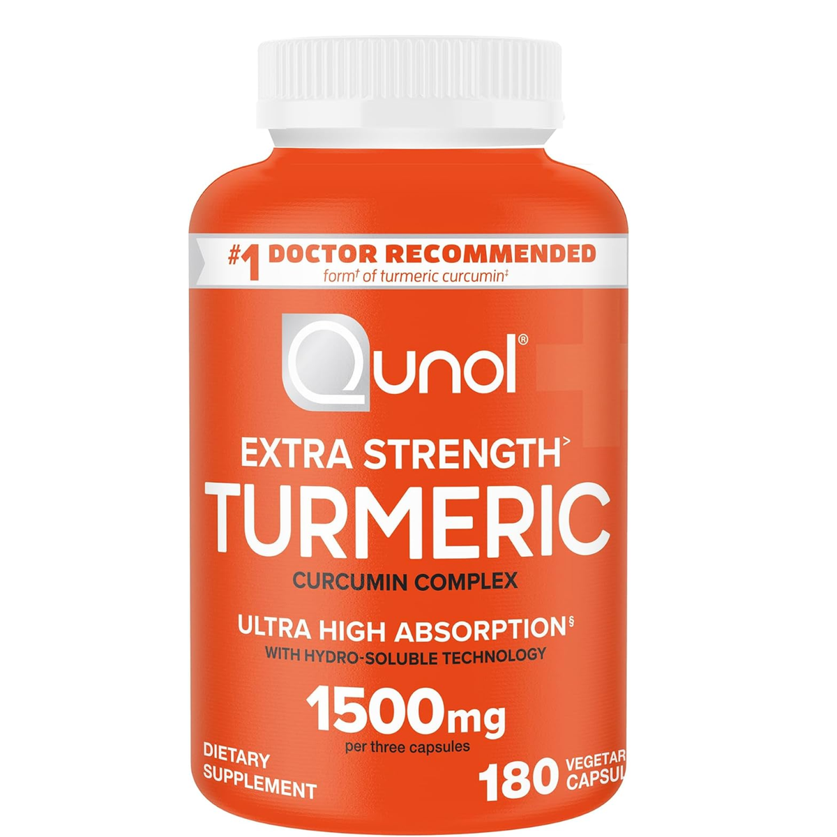 Qunol Extra Strength Turmeric Curcumin Complex 1500mg Ultra High Absorption Hydro-Soluble Technology 180 Vegetarian Capsules Number 1 Doctor Recommended
