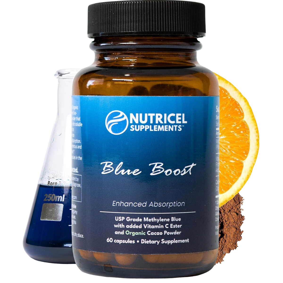 Nutricel Supplements Blue Boost USP Grade Methylene Blue with Vitamin C Ester and Organic Cacao Powder 60 Capsules Enhanced Absorption Dietary Supplement