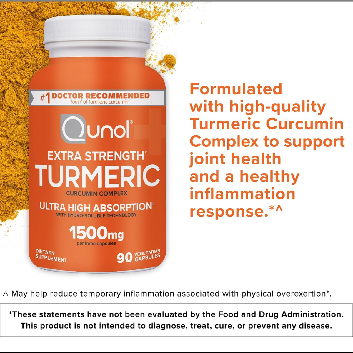 Qunol Extra Strength Turmeric Curcumin Complex 1500mg Ultra High Absorption Hydro-Soluble Technology 180 Vegetarian Capsules Number 1 Doctor Recommended
