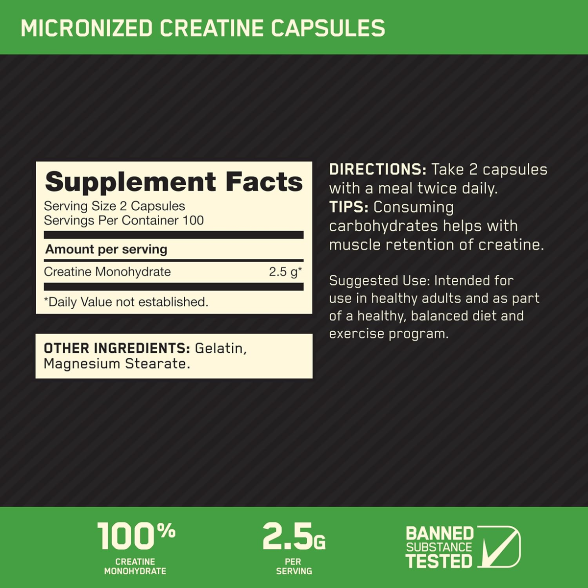 Optimum Nutrition Micronized Creatine Monohydrate Capsules 200 Count 100 Servings Muscle Building Support