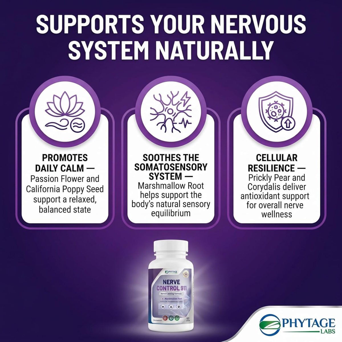 Phytage Labs Nerve Control 911 Nerve Calming Formula with Marshmallow Root 60 Capsules Dietary Supplement